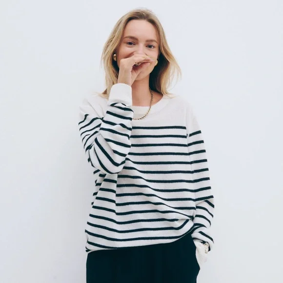 Reformation Cashmere Gossamer Cream & Black Stripe Boyfriend Sweater - Picture 3 of 8